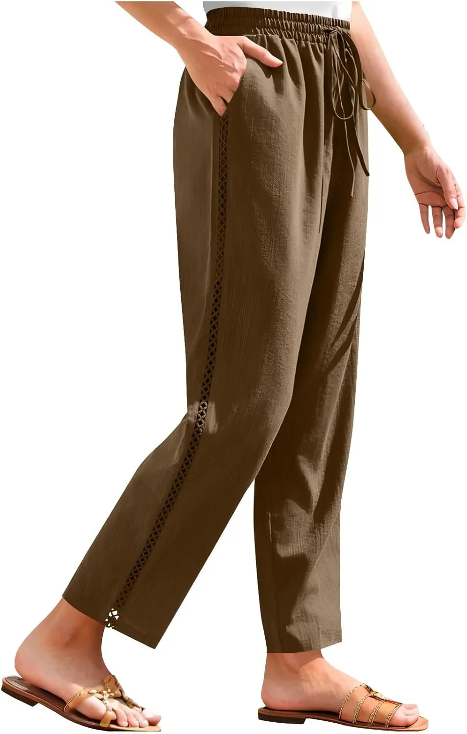 Borniu Wide Leg Solid Color Pants for Women Summer Capri Palazzo Flowy Pants Casual Loose High Waist Trousers with Pockets
