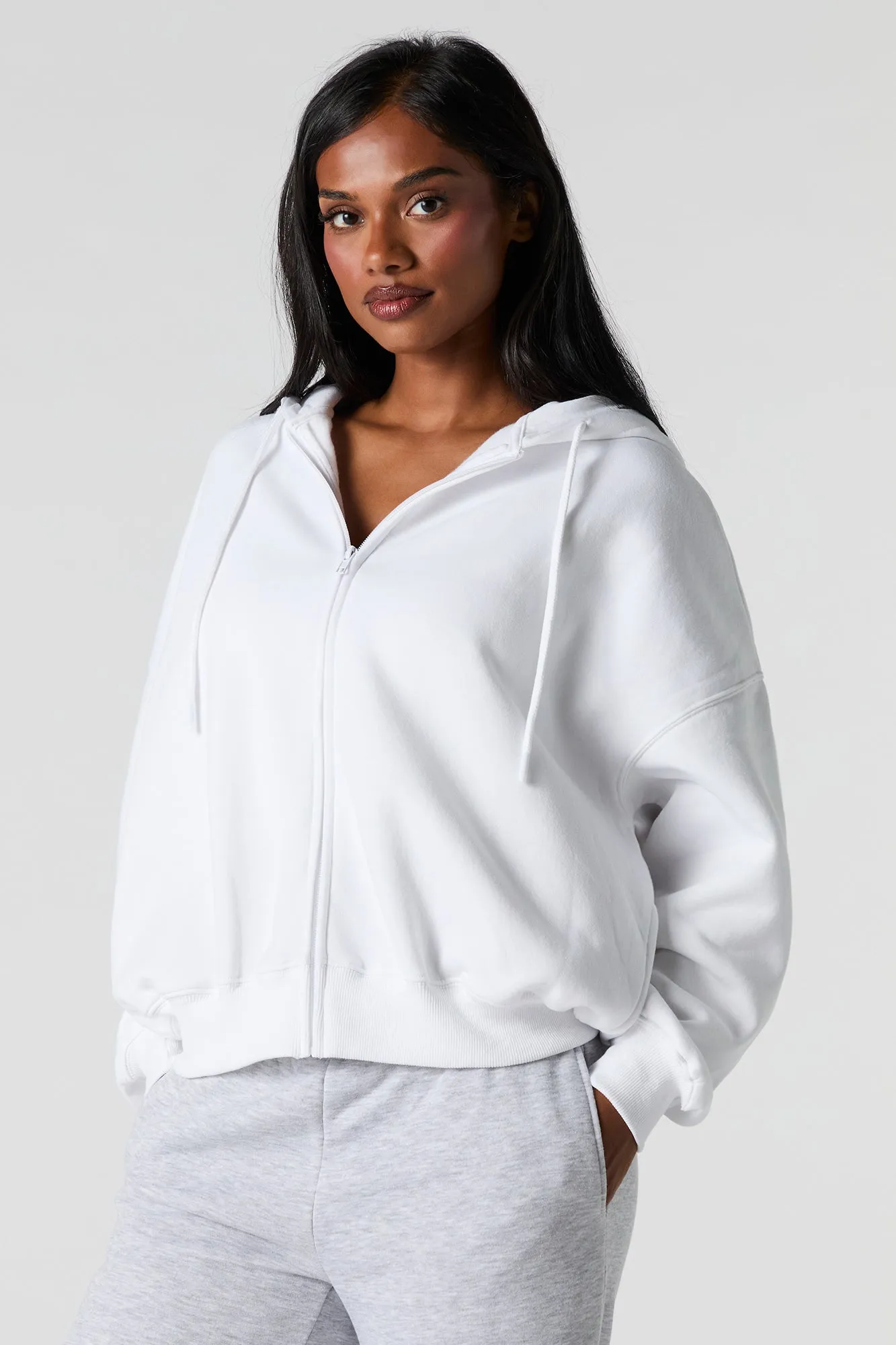 Boxy Zip-Up Fleece Hoodie