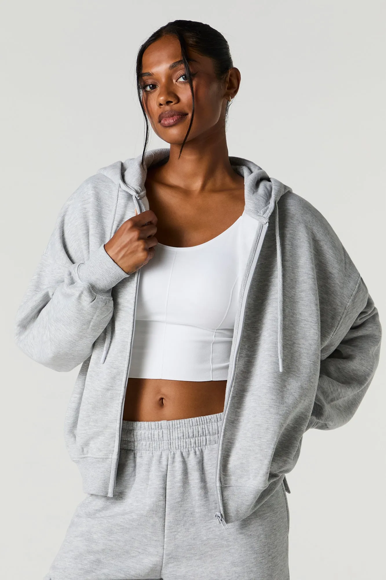 Boxy Zip-Up Fleece Hoodie