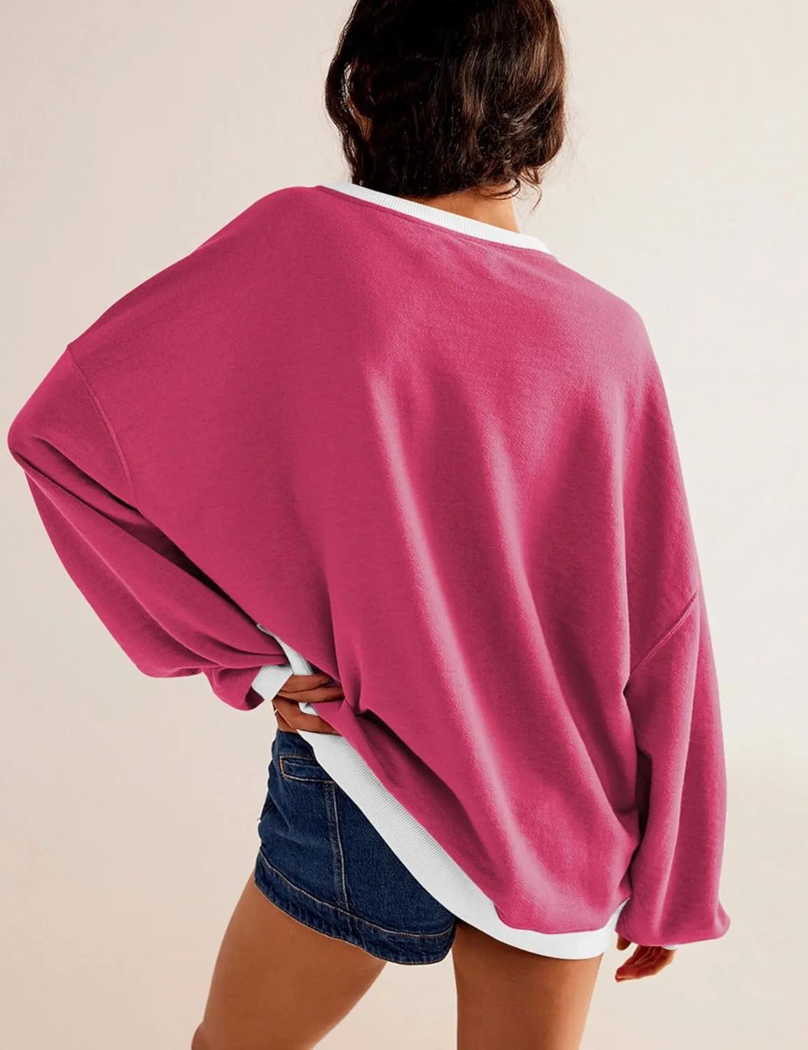 Bozanly Womens Casual Crewneck Color Block Long Sleeve Drop Shoulder Oversized Pullover Tops Sweatshirts