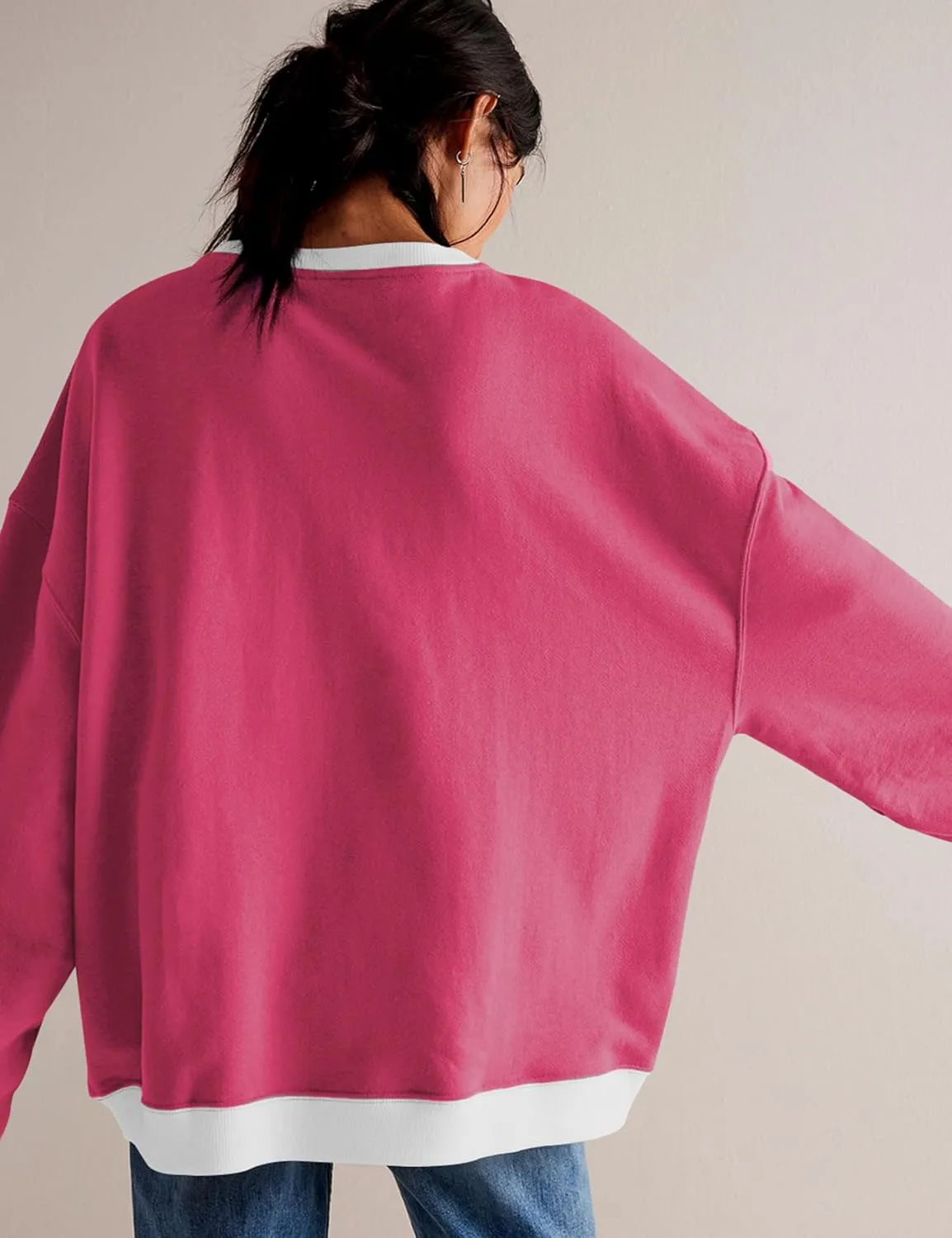 Bozanly Womens Casual Crewneck Color Block Long Sleeve Drop Shoulder Oversized Pullover Tops Sweatshirts