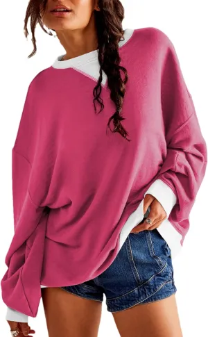 Bozanly Womens Casual Crewneck Color Block Long Sleeve Drop Shoulder Oversized Pullover Tops Sweatshirts