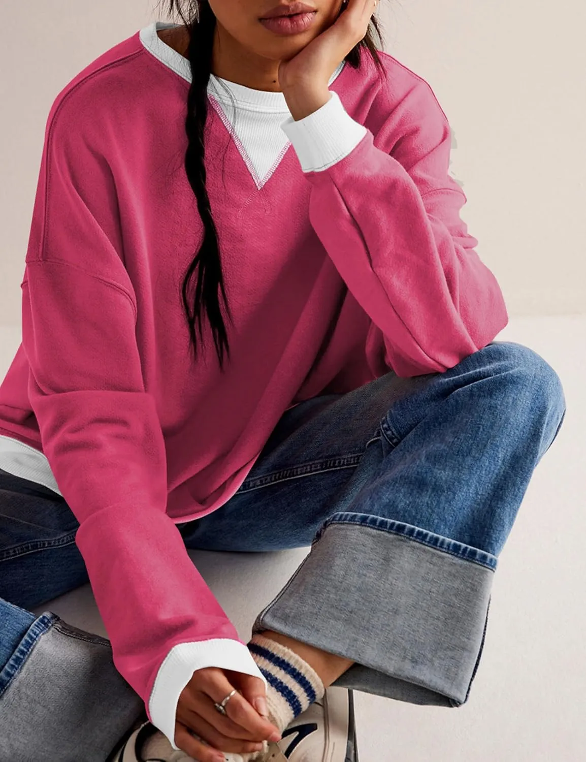 Bozanly Womens Casual Crewneck Color Block Long Sleeve Drop Shoulder Oversized Pullover Tops Sweatshirts