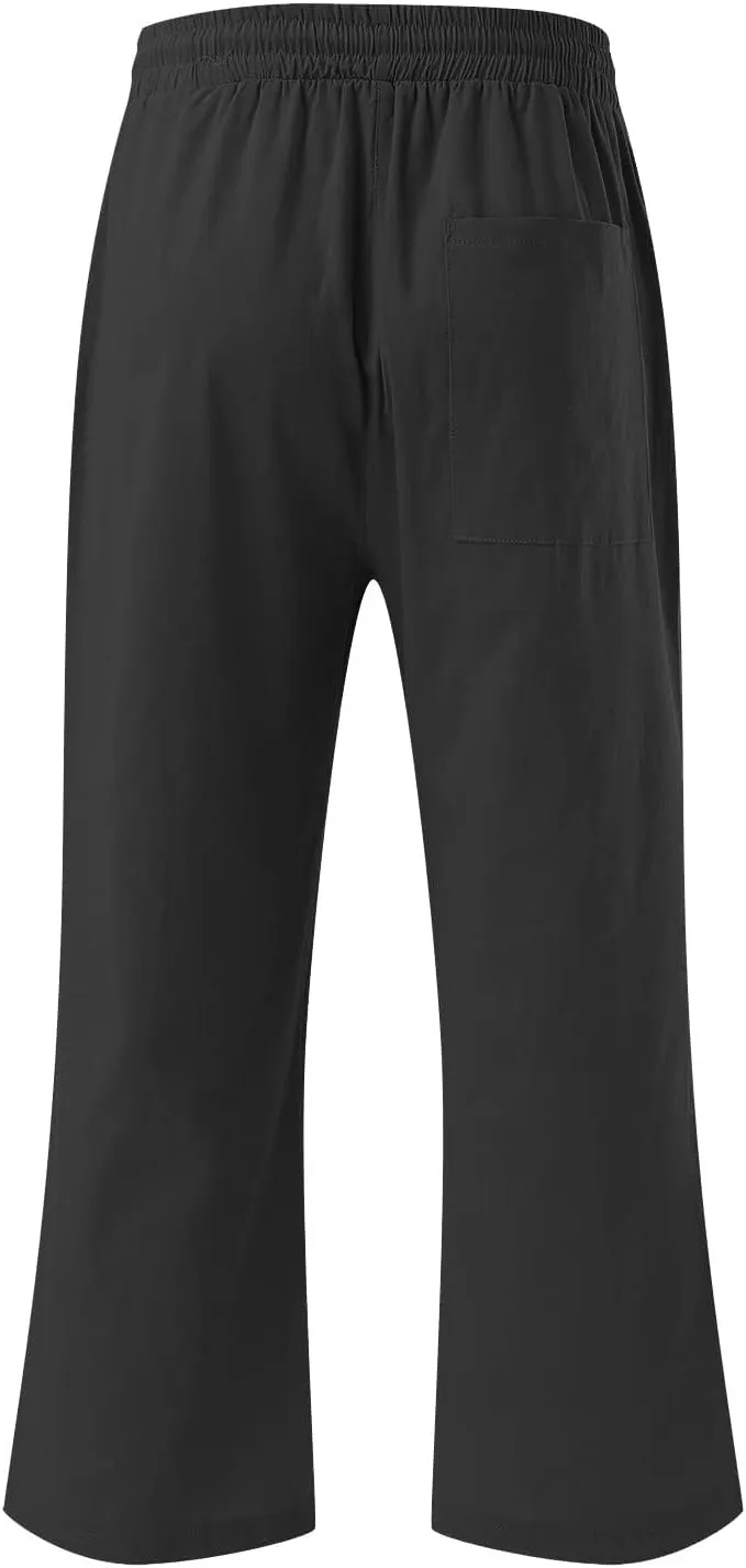 BZGTZT Capri Pants for Women Casual 2023 Summer Drawstring Elastic High Waist Linen Pant Straight Wide Leg Cropped Trouser