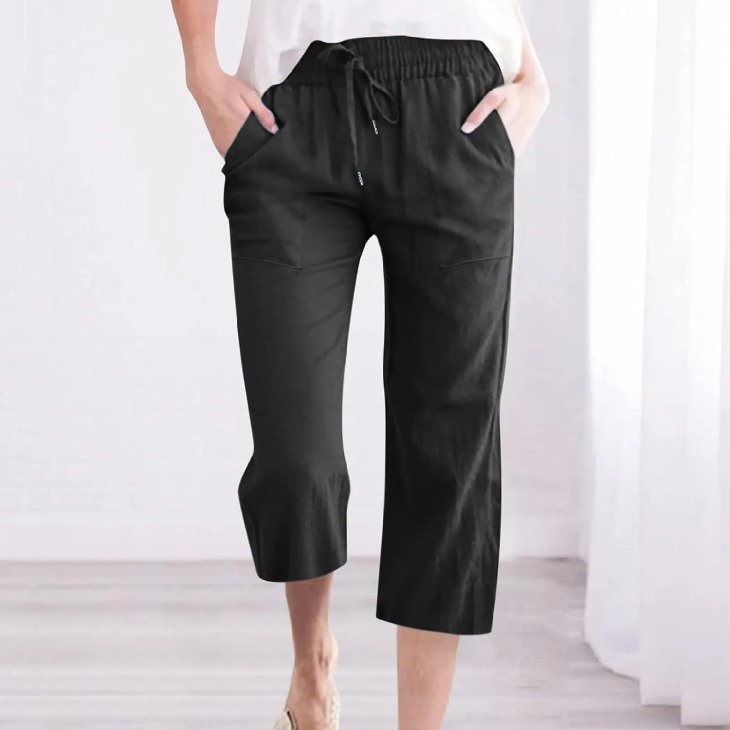 BZGTZT Capri Pants for Women Casual 2023 Summer Drawstring Elastic High Waist Linen Pant Straight Wide Leg Cropped Trouser