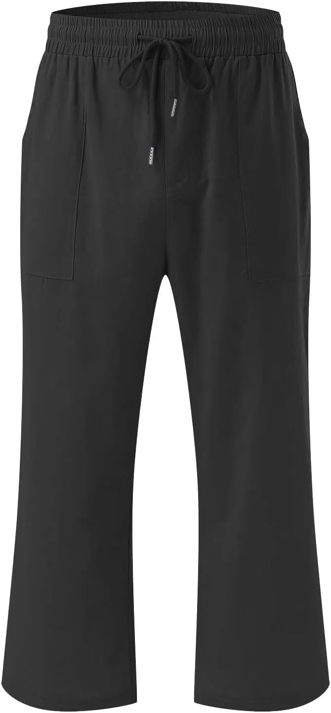 BZGTZT Capri Pants for Women Casual 2023 Summer Drawstring Elastic High Waist Linen Pant Straight Wide Leg Cropped Trouser