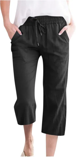BZGTZT Capri Pants for Women Casual 2023 Summer Drawstring Elastic High Waist Linen Pant Straight Wide Leg Cropped Trouser