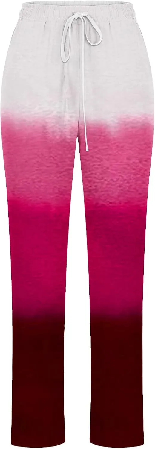 BZGTZT Casual Pants for Women Summer Gradient Tie-Dye Wide Leg Pant Loose Trousers Drawstring Cotton Linen Pant with Pocket