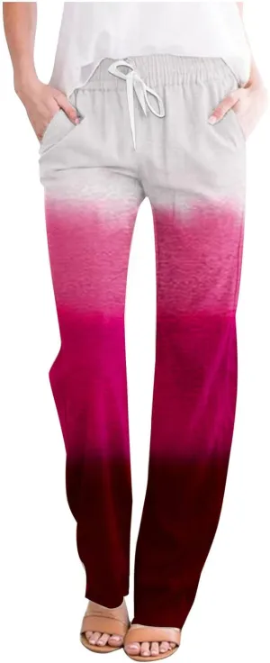 BZGTZT Casual Pants for Women Summer Gradient Tie-Dye Wide Leg Pant Loose Trousers Drawstring Cotton Linen Pant with Pocket