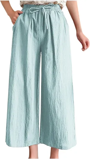 BZGTZT Linen Capri Pants for Women Flowy Summer High Waist Wide Leg Pant with Pockets Lounge Trousers Casual Palazzo Pants
