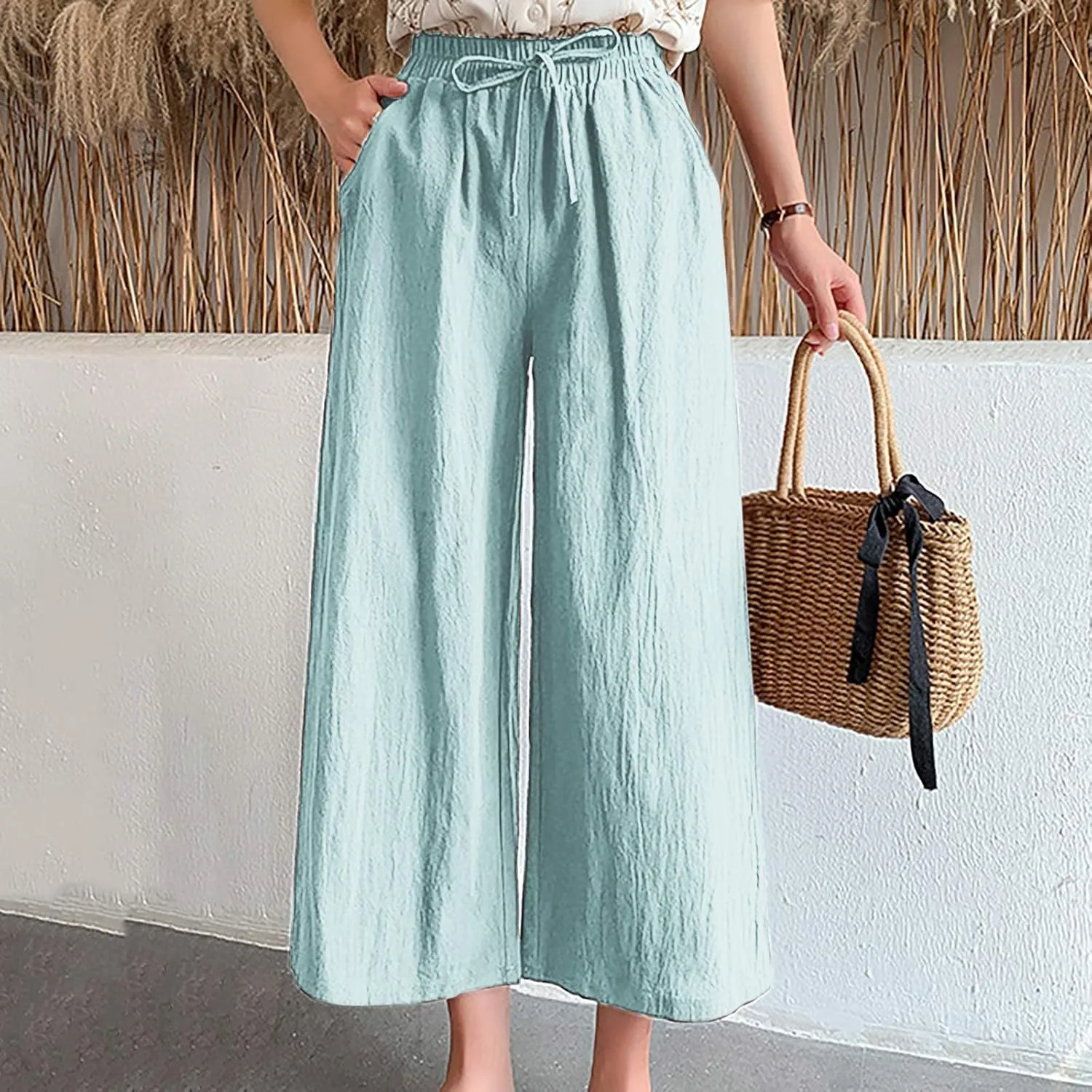 BZGTZT Linen Capri Pants for Women Flowy Summer High Waist Wide Leg Pant with Pockets Lounge Trousers Casual Palazzo Pants