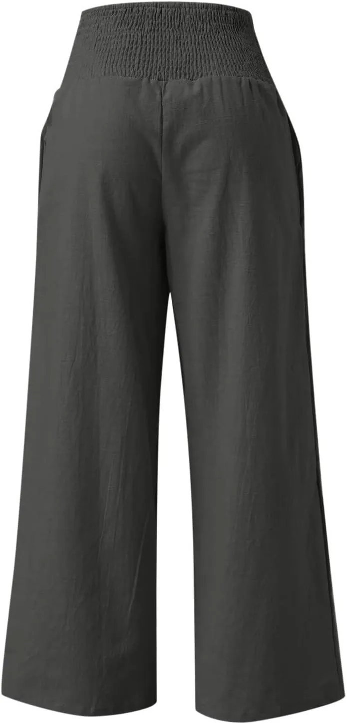 BZGTZT Women Plus Size Linen Wide Leg Pants Summer Smocked High Waist Palazzo Pants Baggy Lounge Beach Trousers with Pocket