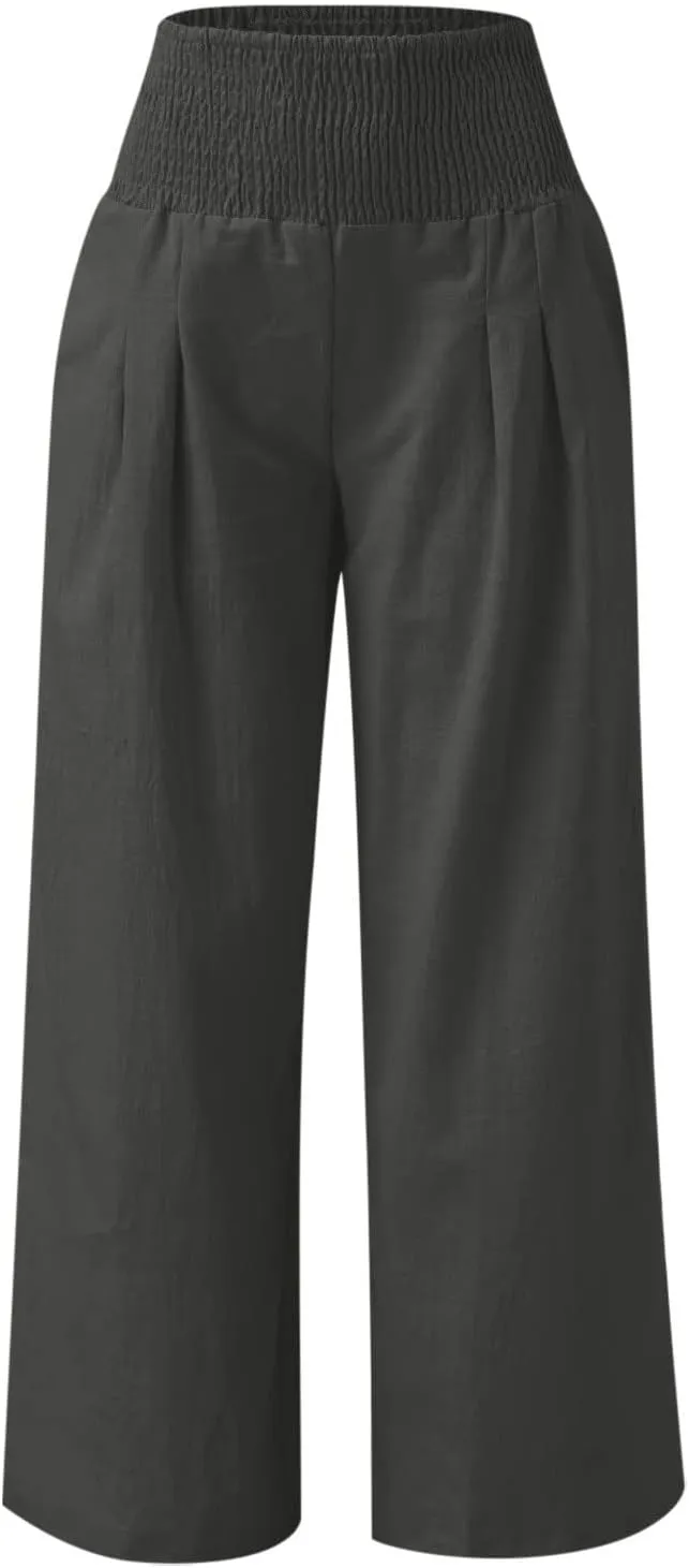 BZGTZT Women Plus Size Linen Wide Leg Pants Summer Smocked High Waist Palazzo Pants Baggy Lounge Beach Trousers with Pocket