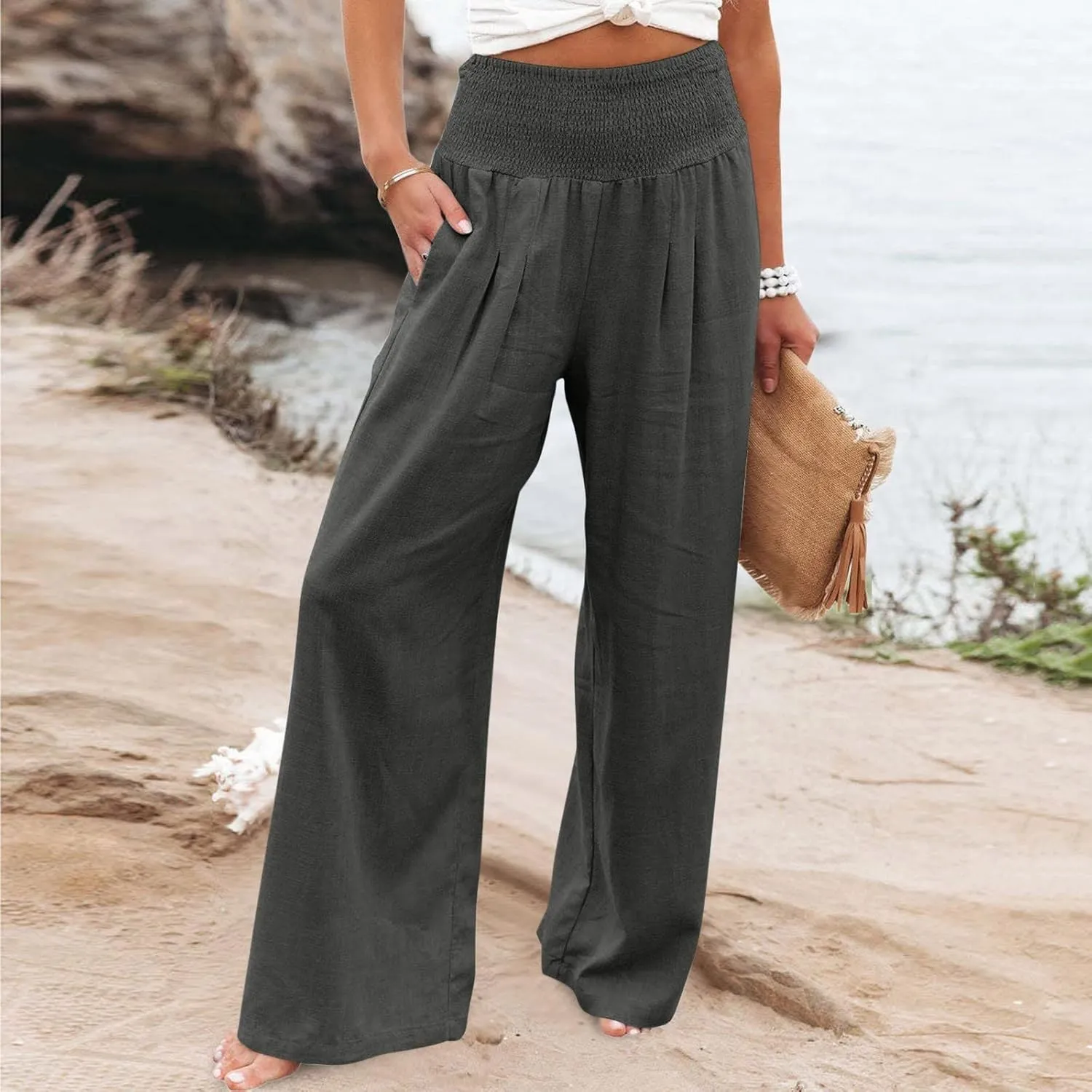BZGTZT Women Plus Size Linen Wide Leg Pants Summer Smocked High Waist Palazzo Pants Baggy Lounge Beach Trousers with Pocket