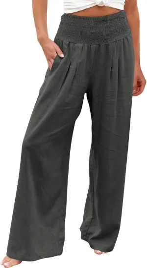 BZGTZT Women Plus Size Linen Wide Leg Pants Summer Smocked High Waist Palazzo Pants Baggy Lounge Beach Trousers with Pocket