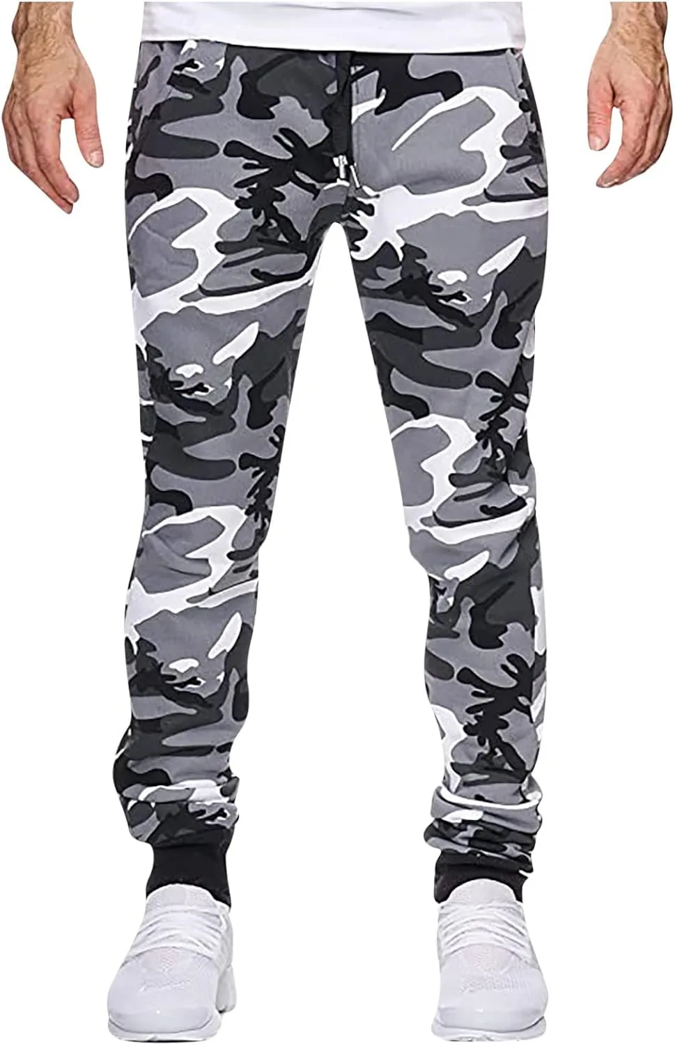 Camouflage Stretch Skinny Pants for Men Casual Drawstring Elastic Waist Beam Feet Slacks Tapered Sport Trousers