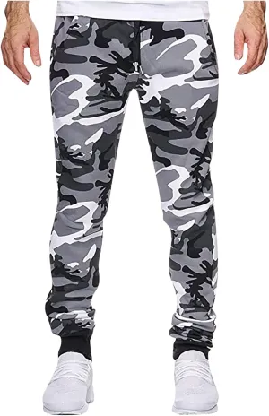 Camouflage Stretch Skinny Pants for Men Casual Drawstring Elastic Waist Beam Feet Slacks Tapered Sport Trousers
