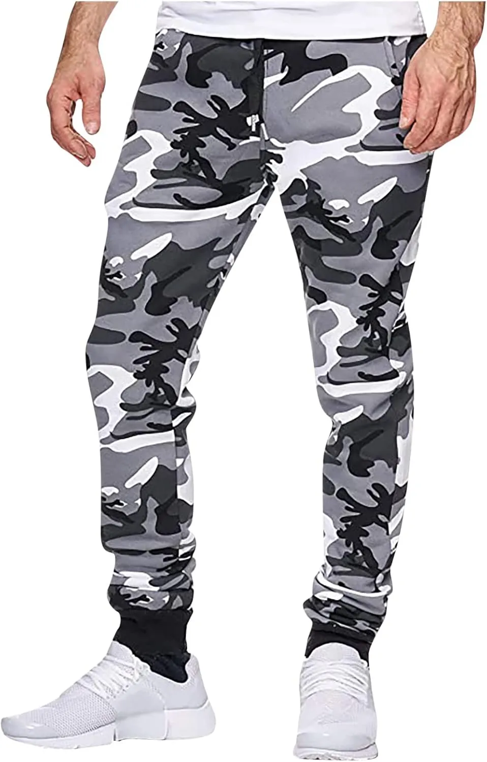 Camouflage Stretch Skinny Pants for Men Casual Drawstring Elastic Waist Beam Feet Slacks Tapered Sport Trousers
