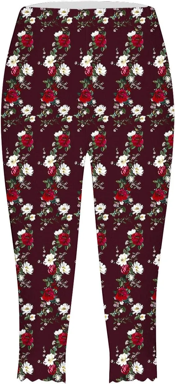 Capri Leggings for Women Plus Size Floral Print High Waist Capris Pants Wave Hem Yoga Gym Pants Casual Cropped Trouser
