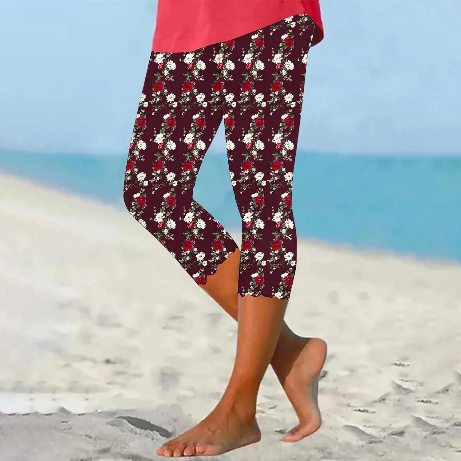 Capri Leggings for Women Plus Size Floral Print High Waist Capris Pants Wave Hem Yoga Gym Pants Casual Cropped Trouser