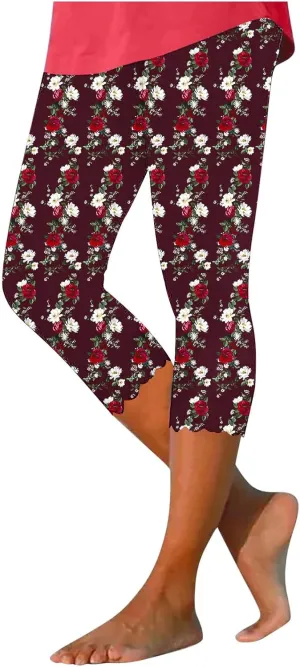 Capri Leggings for Women Plus Size Floral Print High Waist Capris Pants Wave Hem Yoga Gym Pants Casual Cropped Trouser
