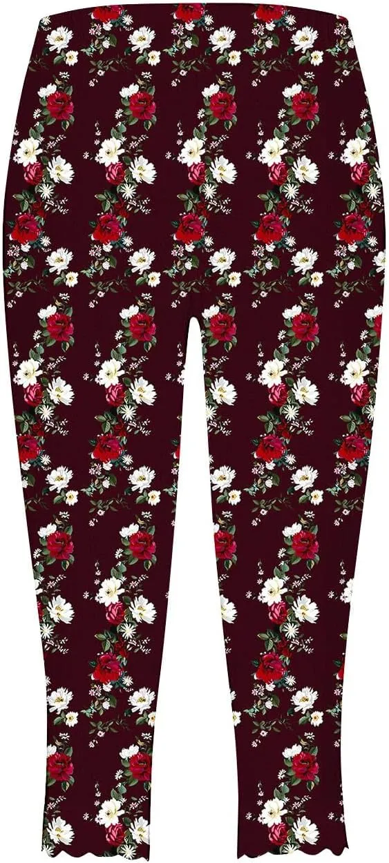 Capri Leggings for Women Plus Size Floral Print High Waist Capris Pants Wave Hem Yoga Gym Pants Casual Cropped Trouser