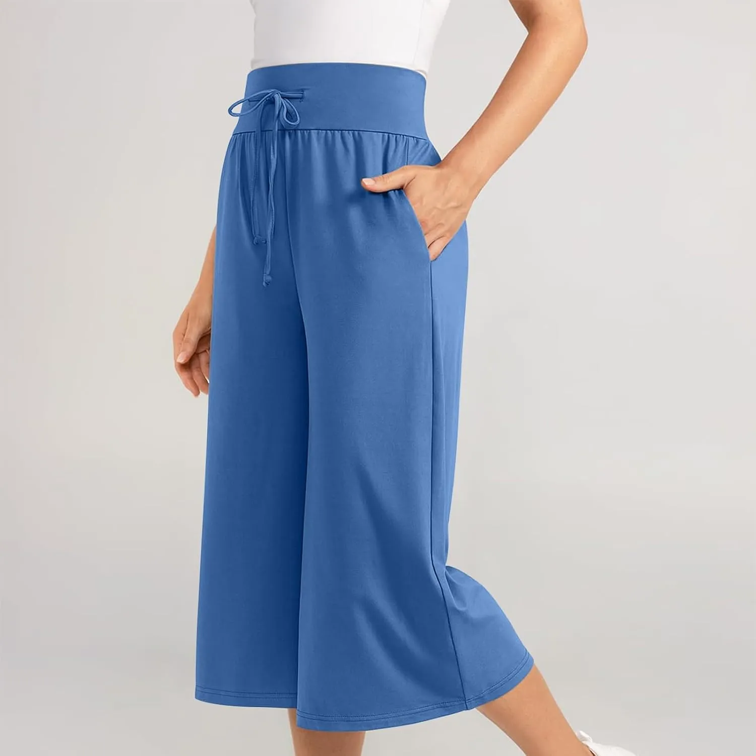 Capri Pants for Women 2024 Summer High Waisted Wide Leg Pants Casual Drawstring Polyester Trousers with Pockets