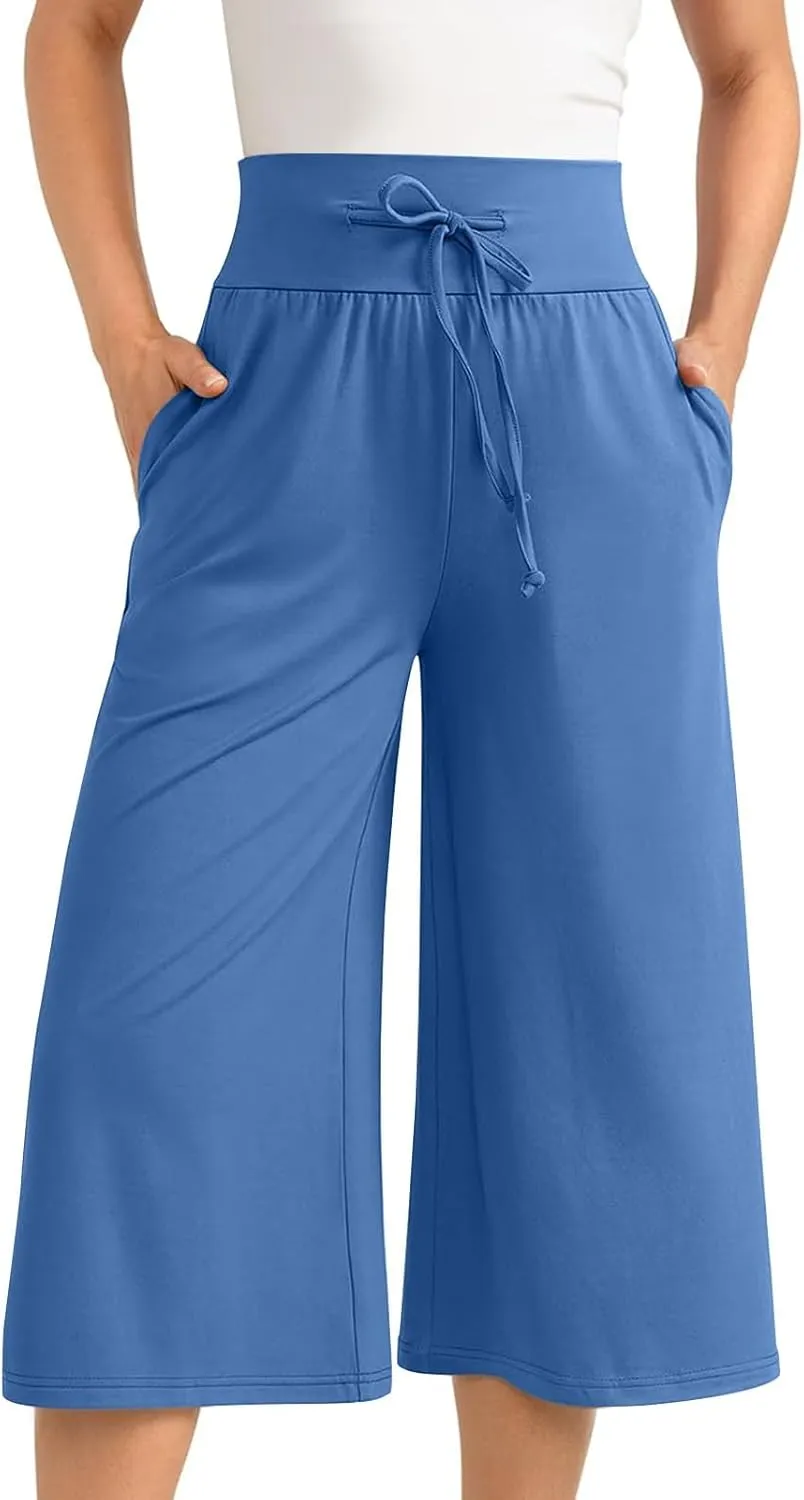 Capri Pants for Women 2024 Summer High Waisted Wide Leg Pants Casual Drawstring Polyester Trousers with Pockets