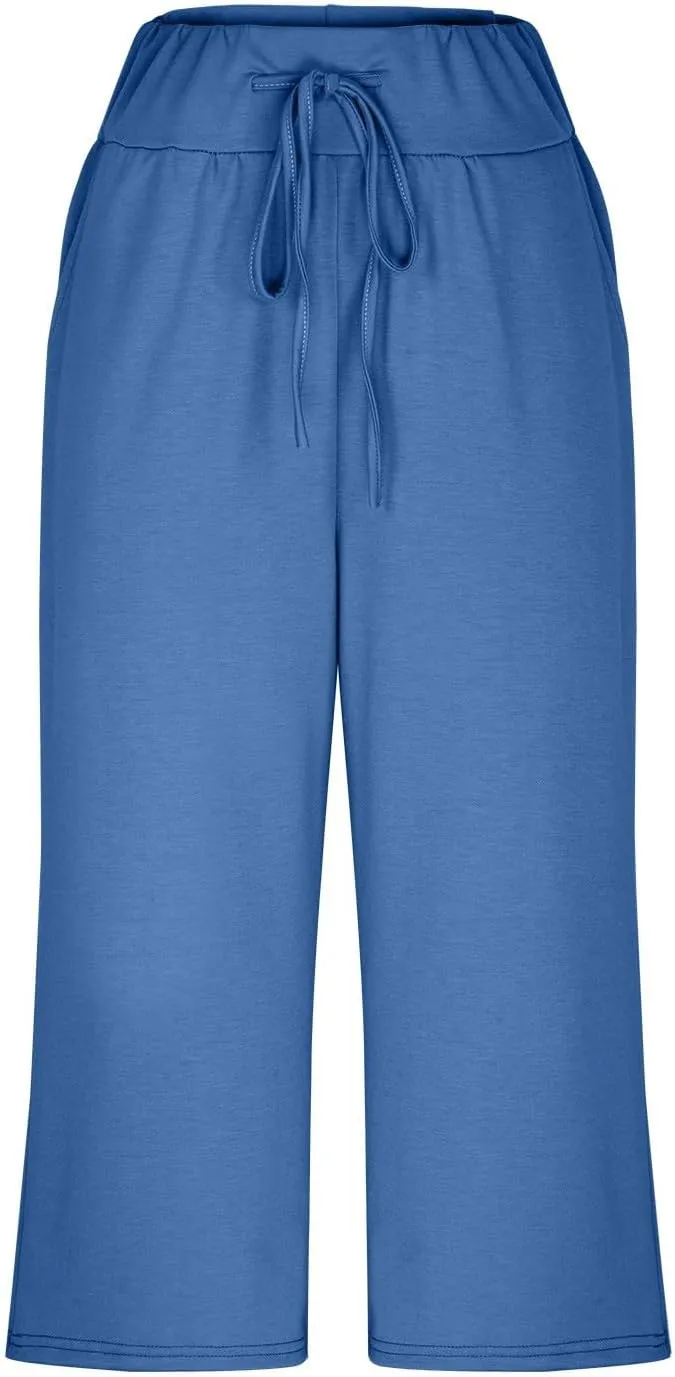 Capri Pants for Women 2024 Summer High Waisted Wide Leg Pants Casual Drawstring Polyester Trousers with Pockets