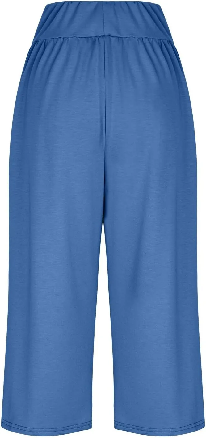Capri Pants for Women 2024 Summer High Waisted Wide Leg Pants Casual Drawstring Polyester Trousers with Pockets