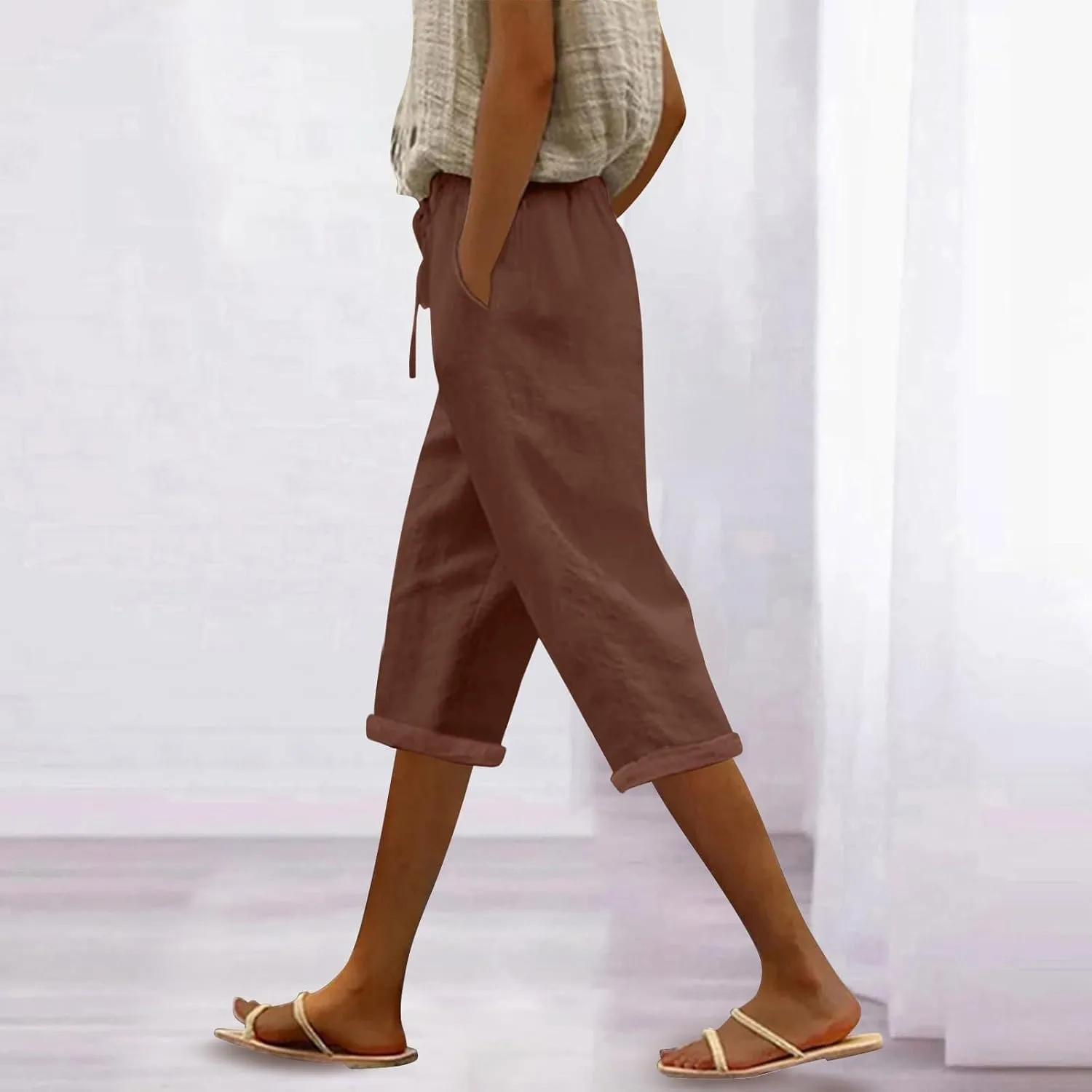 Capri Pants for Women Casual Summer Drawstring Elastic High Waist Linen Pant Straight Wide Leg Cropped Trouser