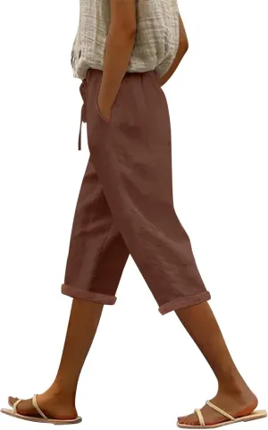 Capri Pants for Women Casual Summer Drawstring Elastic High Waist Linen Pant Straight Wide Leg Cropped Trouser