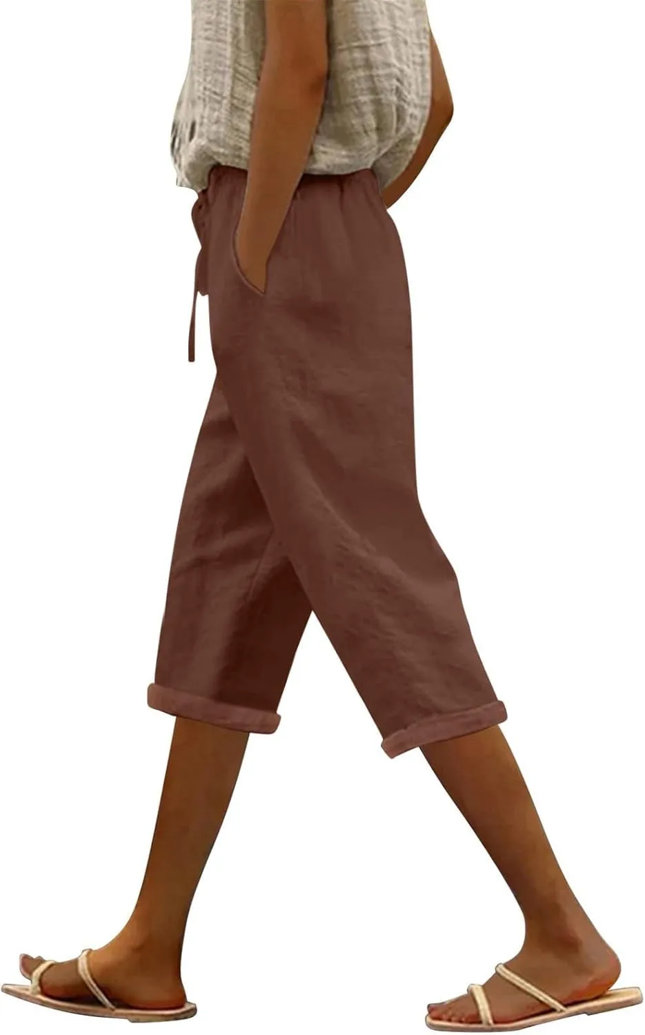 Capri Pants for Women Casual Summer Drawstring Elastic High Waist Linen Pant Straight Wide Leg Cropped Trouser
