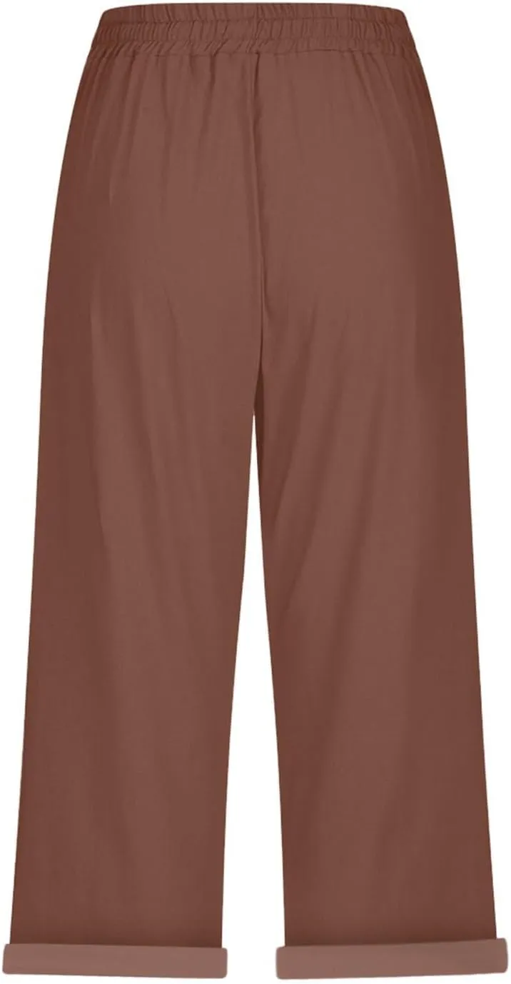 Capri Pants for Women Casual Summer Drawstring Elastic High Waist Linen Pant Straight Wide Leg Cropped Trouser