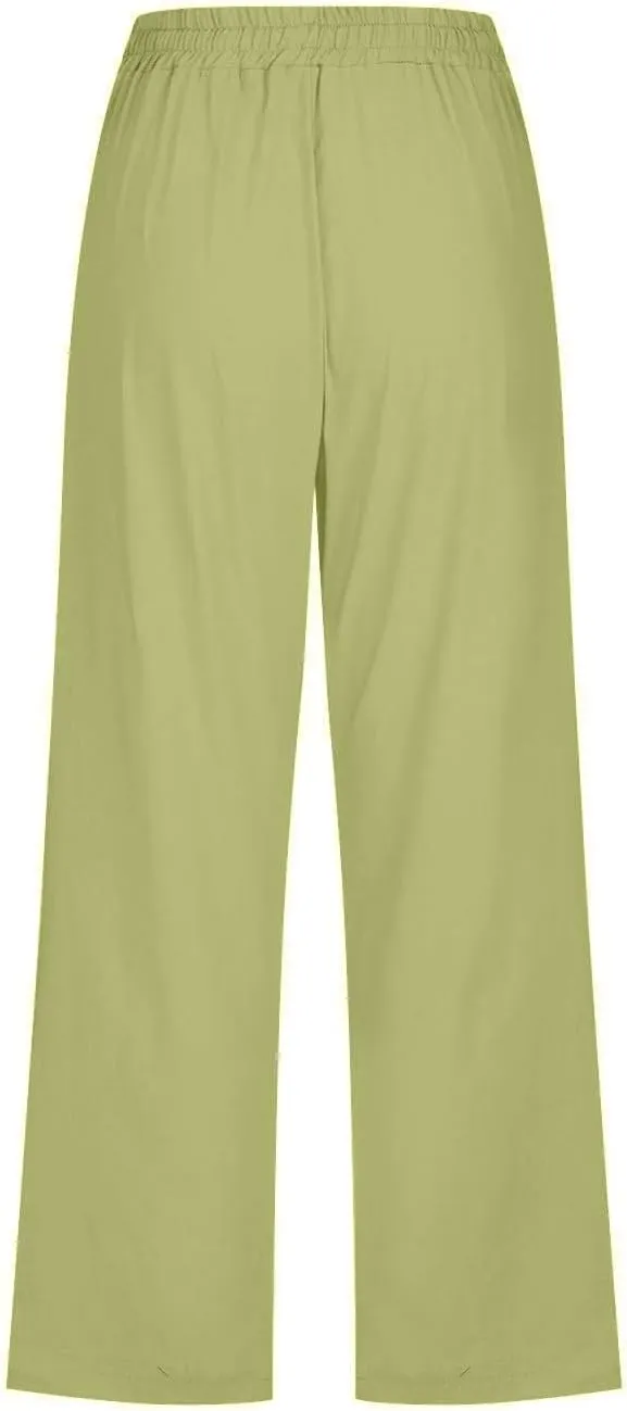 Capri Pants for Women Cotton Linen Casual Summer Pants Plus Size Drawstring Elastic Waist Capris with Pockets
