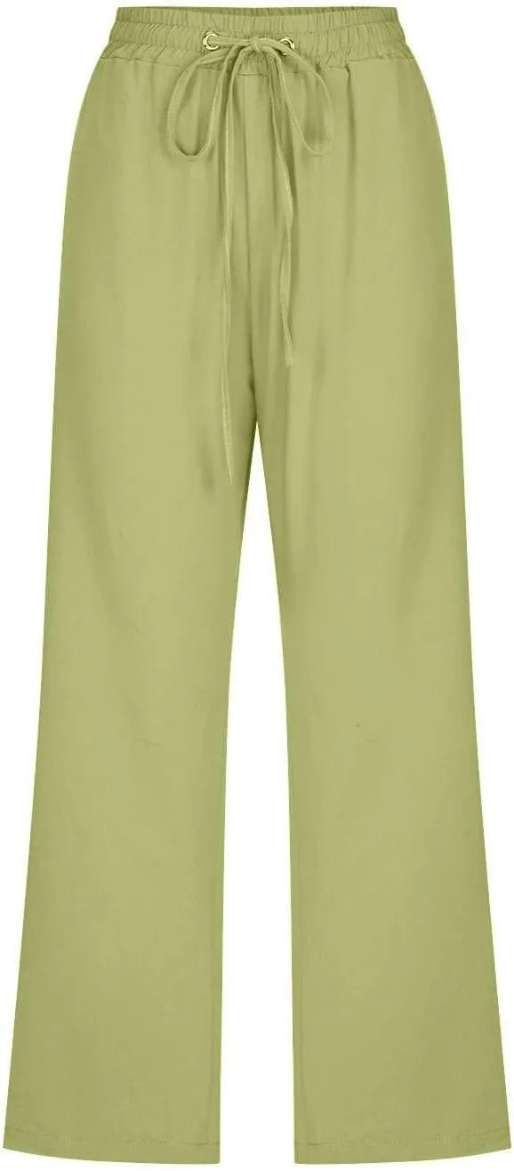 Capri Pants for Women Cotton Linen Casual Summer Pants Plus Size Drawstring Elastic Waist Capris with Pockets