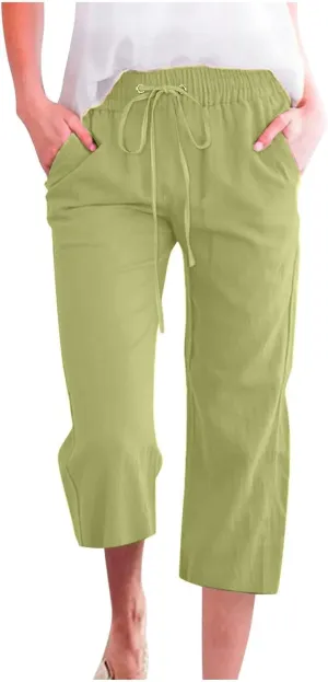Capri Pants for Women Cotton Linen Casual Summer Pants Plus Size Drawstring Elastic Waist Capris with Pockets