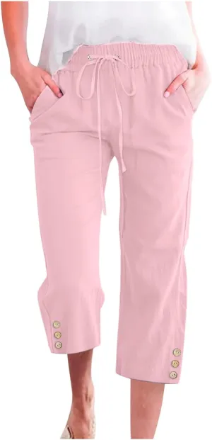 Capri Pants for Women Plus Size Button Summer Linen Pants Straight Leg Cropped Trouser High Waist Drawstring Capris