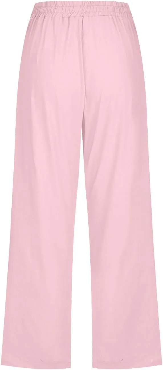 Capri Pants for Women Plus Size Button Summer Linen Pants Straight Leg Cropped Trouser High Waist Drawstring Capris