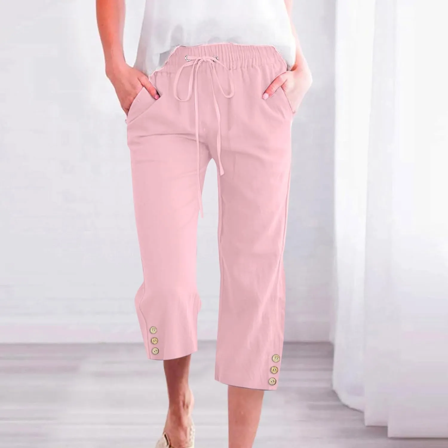 Capri Pants for Women Plus Size Button Summer Linen Pants Straight Leg Cropped Trouser High Waist Drawstring Capris