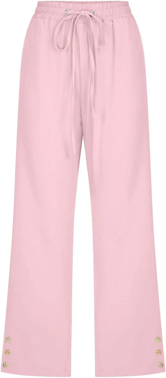 Capri Pants for Women Plus Size Button Summer Linen Pants Straight Leg Cropped Trouser High Waist Drawstring Capris