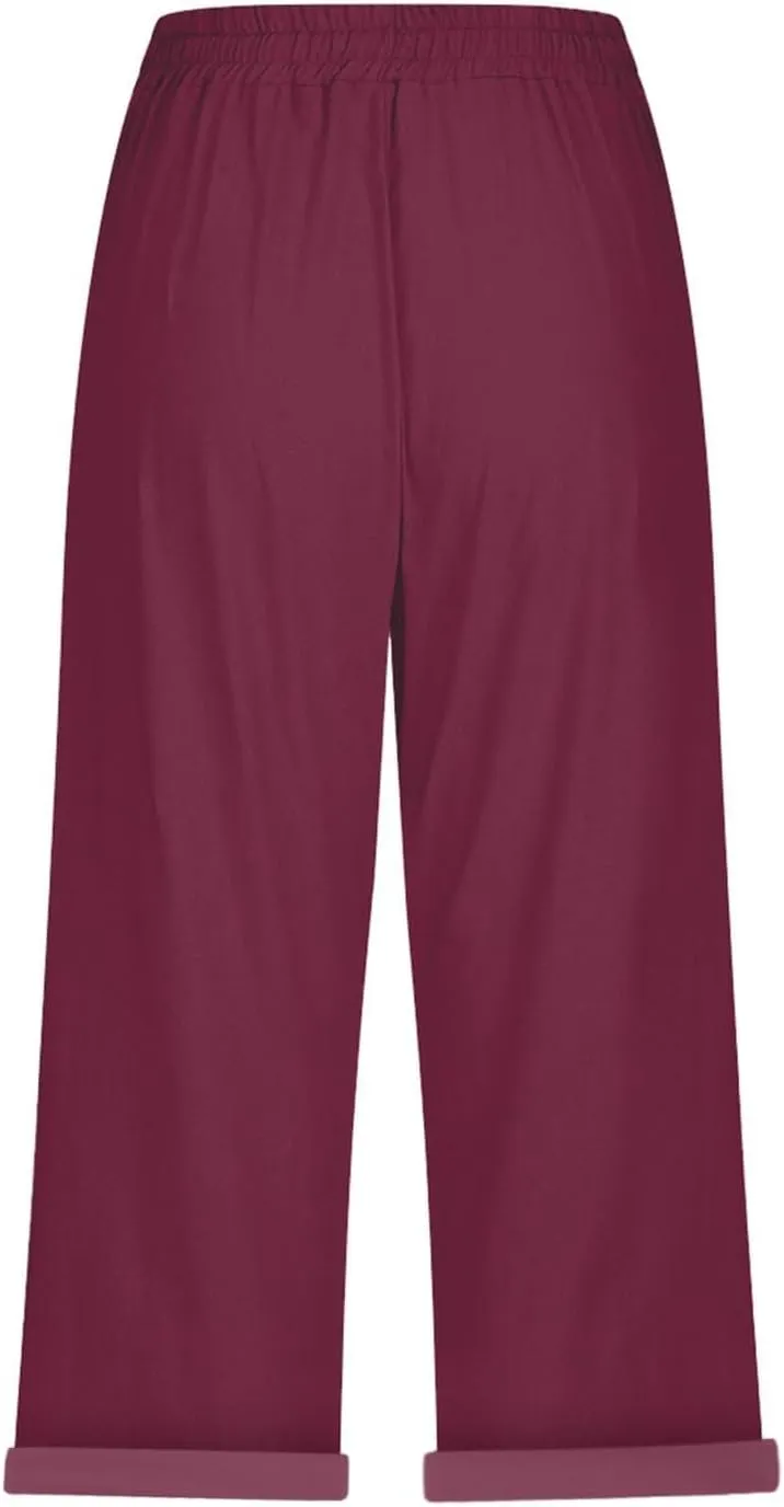 Capri Pants for Women Summer Cotton Linen Pants Casual Drawstring Elastic High Waist Cropped Trouser with Pockets