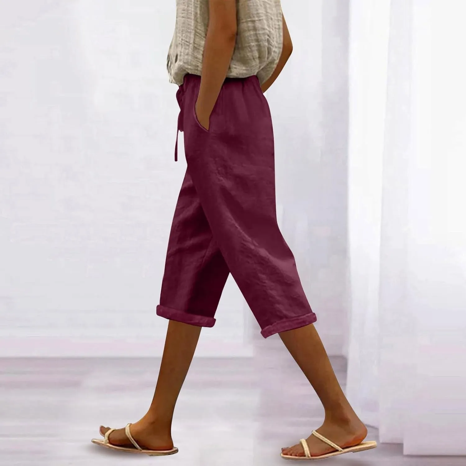 Capri Pants for Women Summer Cotton Linen Pants Casual Drawstring Elastic High Waist Cropped Trouser with Pockets