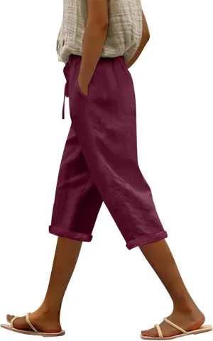 Capri Pants for Women Summer Cotton Linen Pants Casual Drawstring Elastic High Waist Cropped Trouser with Pockets