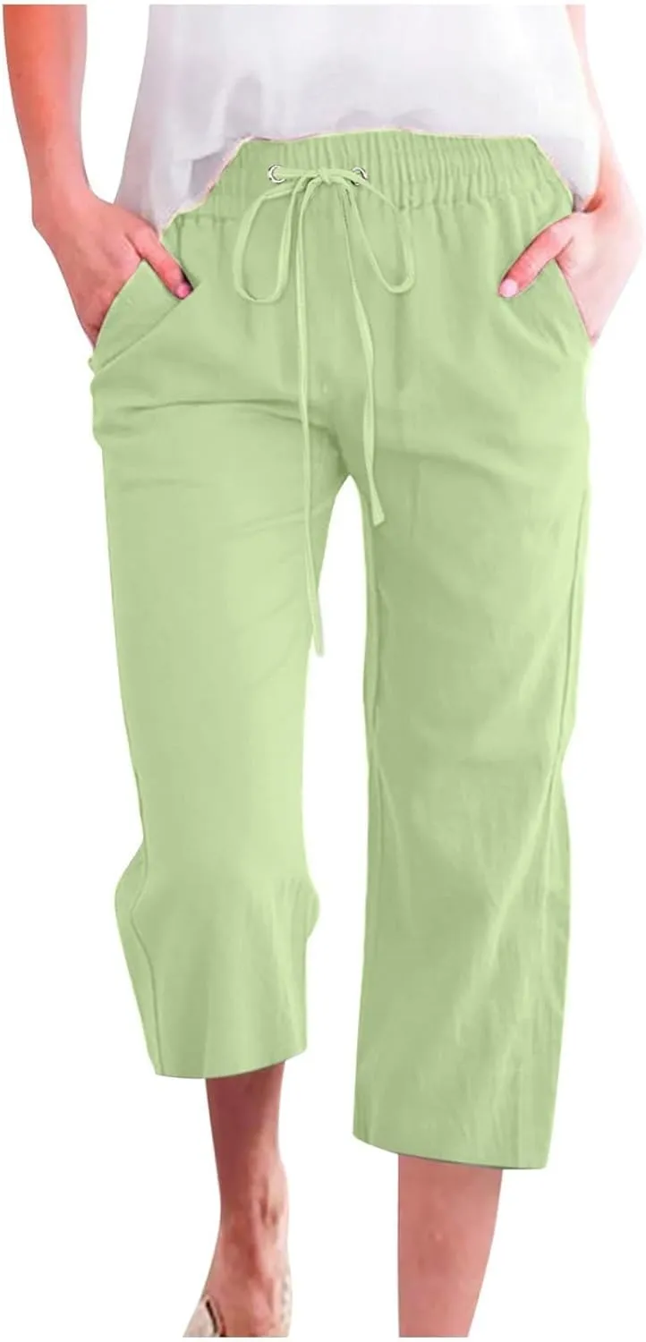 Cargo Capris for Women Casual 2025 Summer Drawstring Elastic High Waist Linen Pant Cropped Comfy Trousers