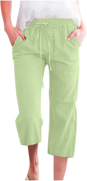 Cargo Capris for Women Casual 2025 Summer Drawstring Elastic High Waist Linen Pant Cropped Comfy Trousers