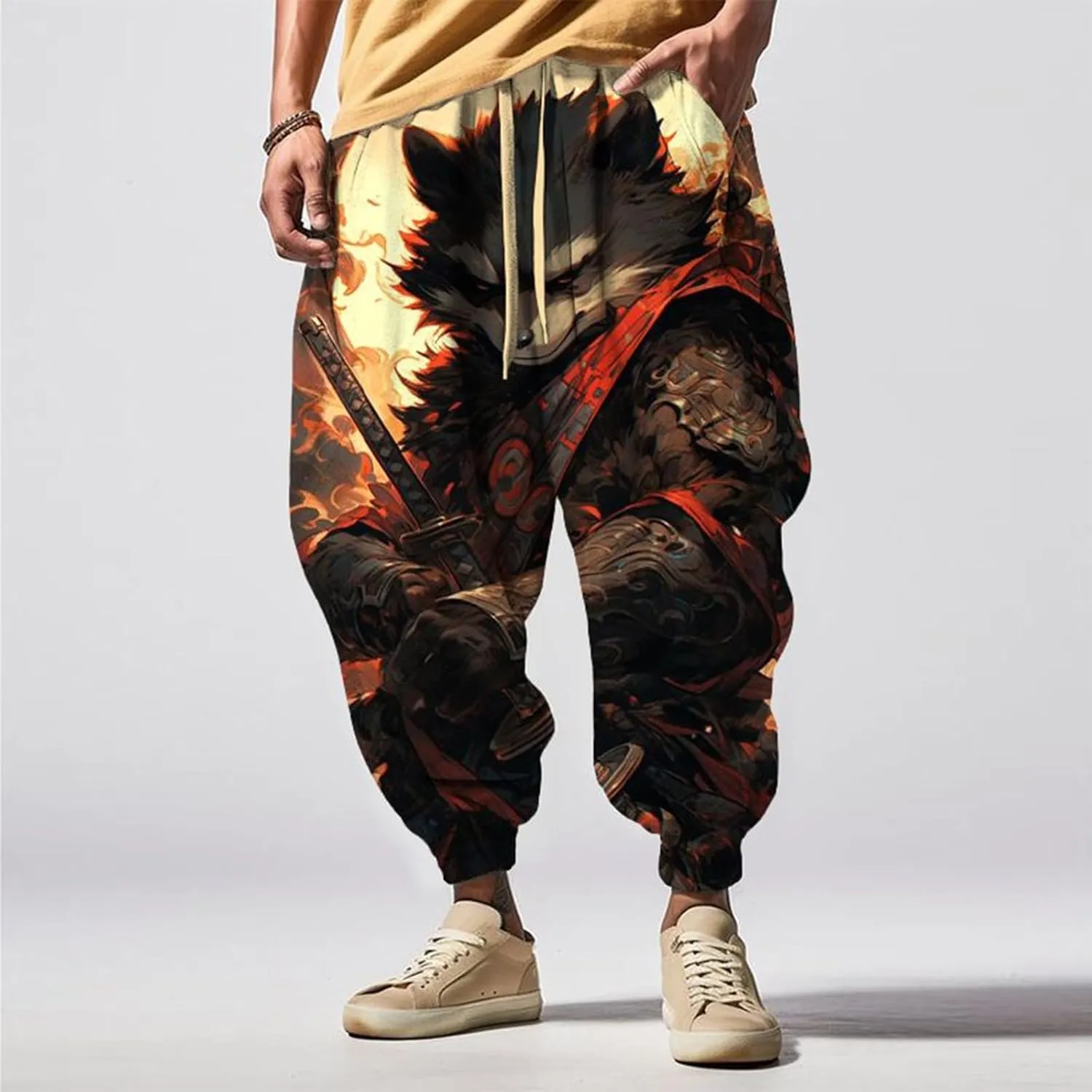 Casual Elastic Waist Trouser Hippie Yoga Pants Men's Autumn Fun Print Fashion Street Feel Cotton Drawstring Cargo