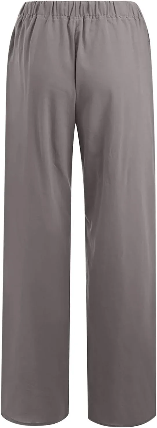 Casual Linen Pants Women 2024 Trendy Wide Leg Long Pant with Pockets Drawstring Summer Fall Palazzo Trousers, Large