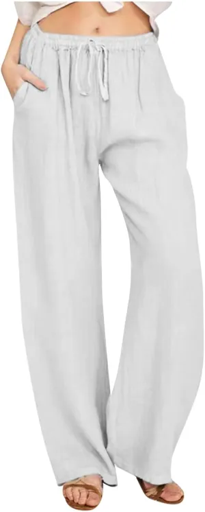 Casual Linen Pants Women 2024 Trendy Wide Leg Long Pant with Pockets Drawstring Summer Fall Palazzo Trousers, Large