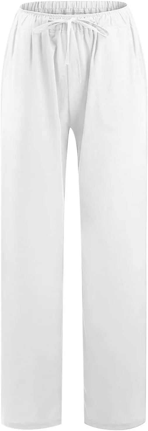 Casual Linen Pants Women 2024 Trendy Wide Leg Long Pant with Pockets Drawstring Summer Fall Palazzo Trousers, Large